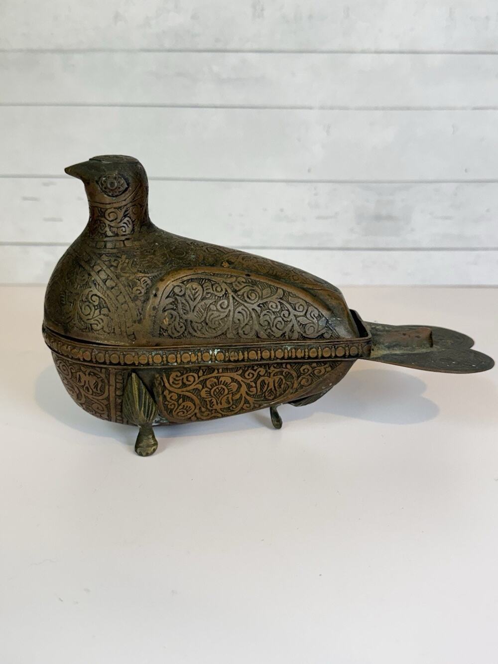 Vintage Islamic Art Engraved Copper Brass Bird Dove Lidded Box 7.5”